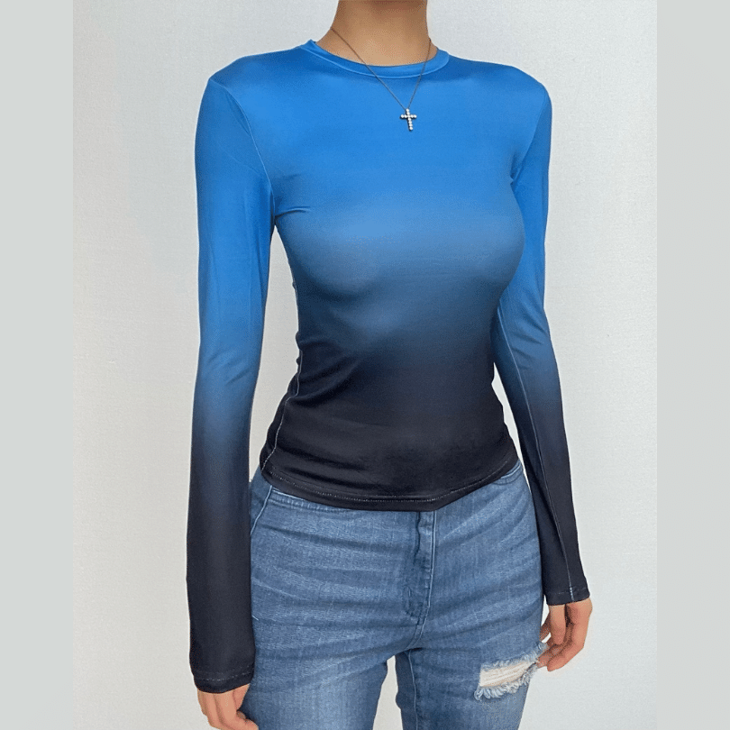 Gradient long sleeve contrast crewneck top-final-sale