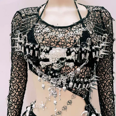 Long sleeve hollow out skull applique fishnet cut out mini dress