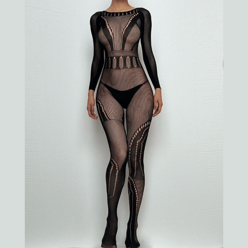 Long sleeve fishnet hollow out solid bodystocking