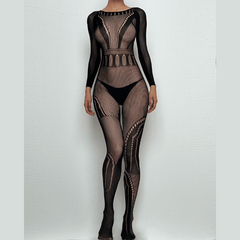 Long sleeve fishnet hollow out solid bodystocking