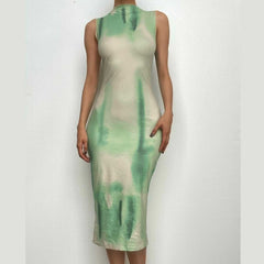 Tie dye sleeveless contrast crewneck midi dress-final-sale