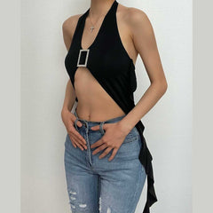 Solid halter buckle self tie ribbon backless crop top-final-sale