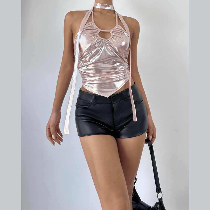 Metallic halter backless hollow out irregular ruched crop cut out top