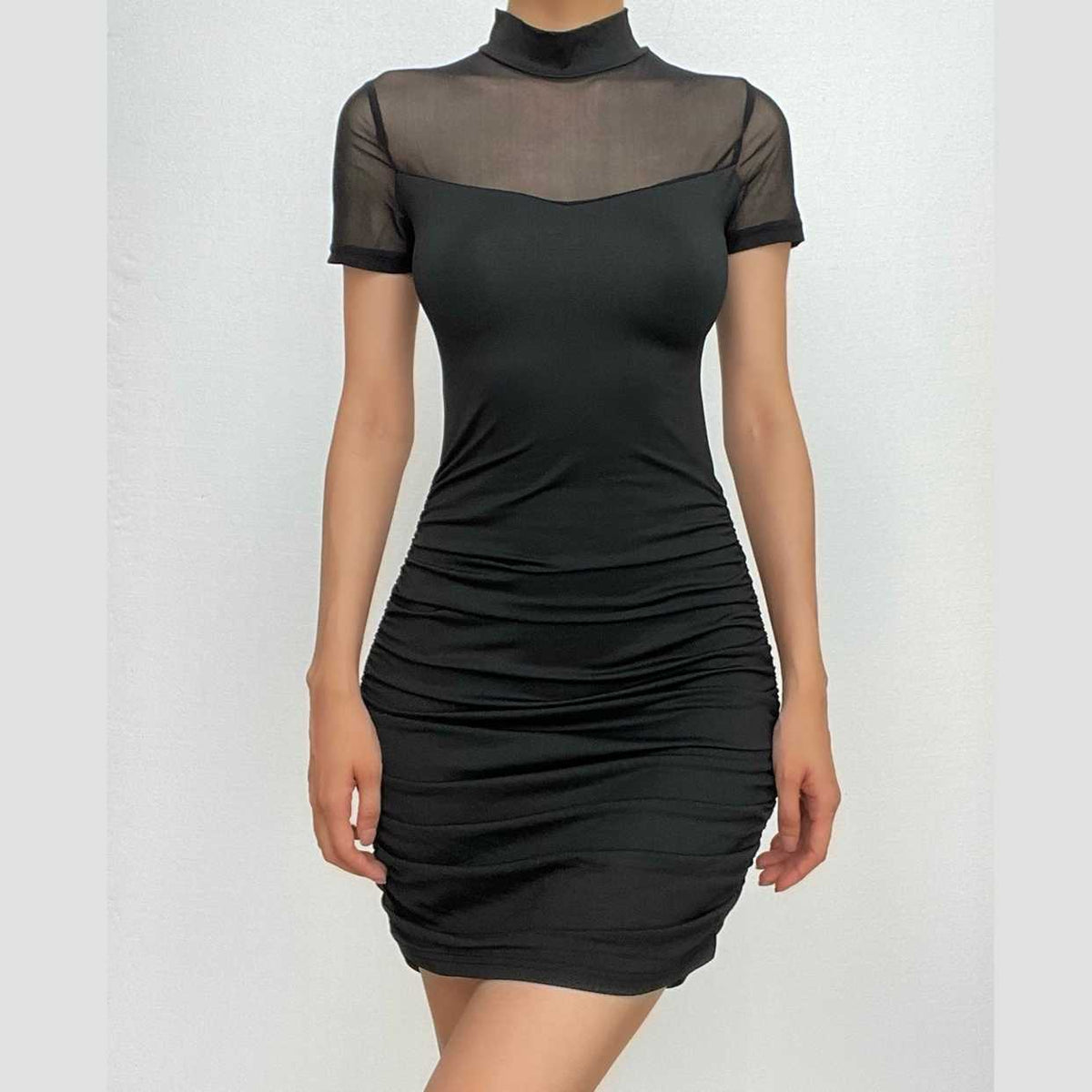 High neck short sleeve mesh patchwork ruched solid mini dress-final-sale