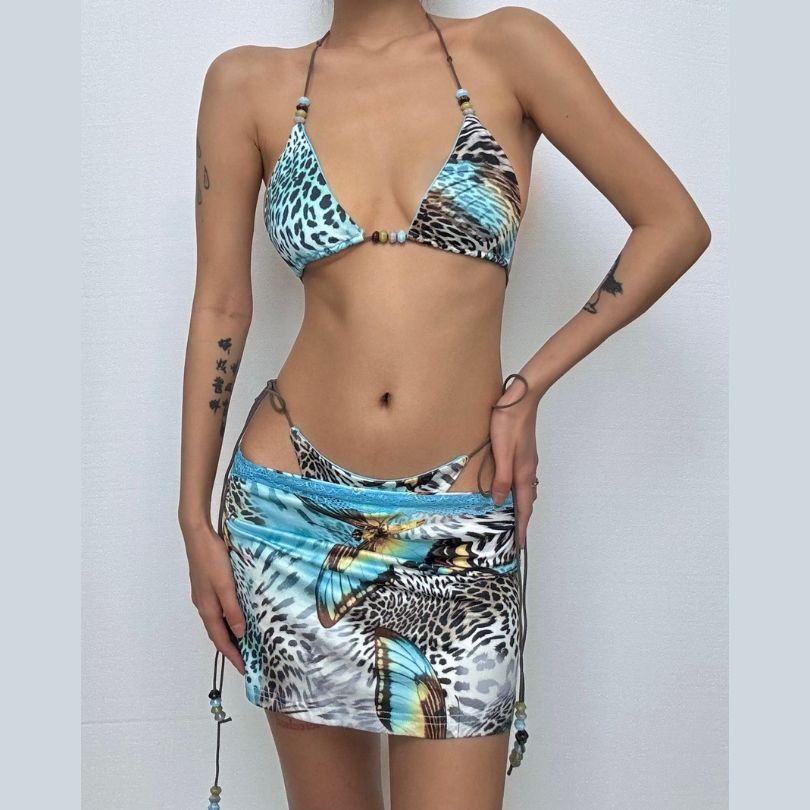 Halter self tie lace hem print 3 piece mini skirt set