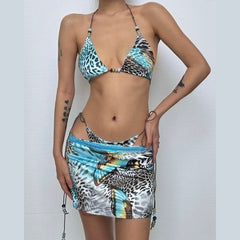 Halter self tie lace hem print 3 piece mini skirt set