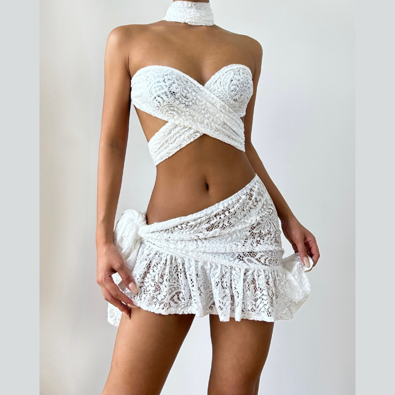 Cross front lace knotted mini skirt set