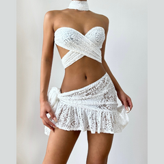 Cross front lace knotted mini skirt set