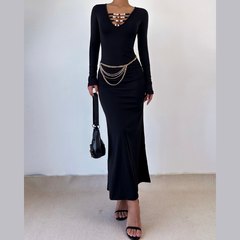 Long sleeve beaded v neck solid maxi dress