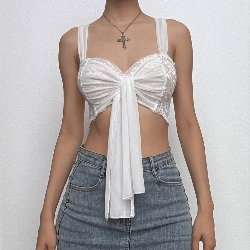 Lace mesh patchwork knotted crop cami top