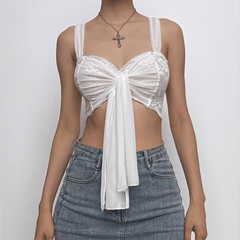 Lace mesh patchwork knotted crop cami top