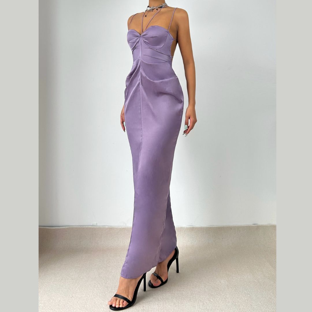 Padded satin ruched backless cami maxi dress