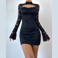 Long sleeve lace hollow out button cut out mini dress