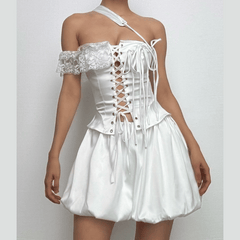 One off shoulder irregular lace up satin ruffle puff skirt set