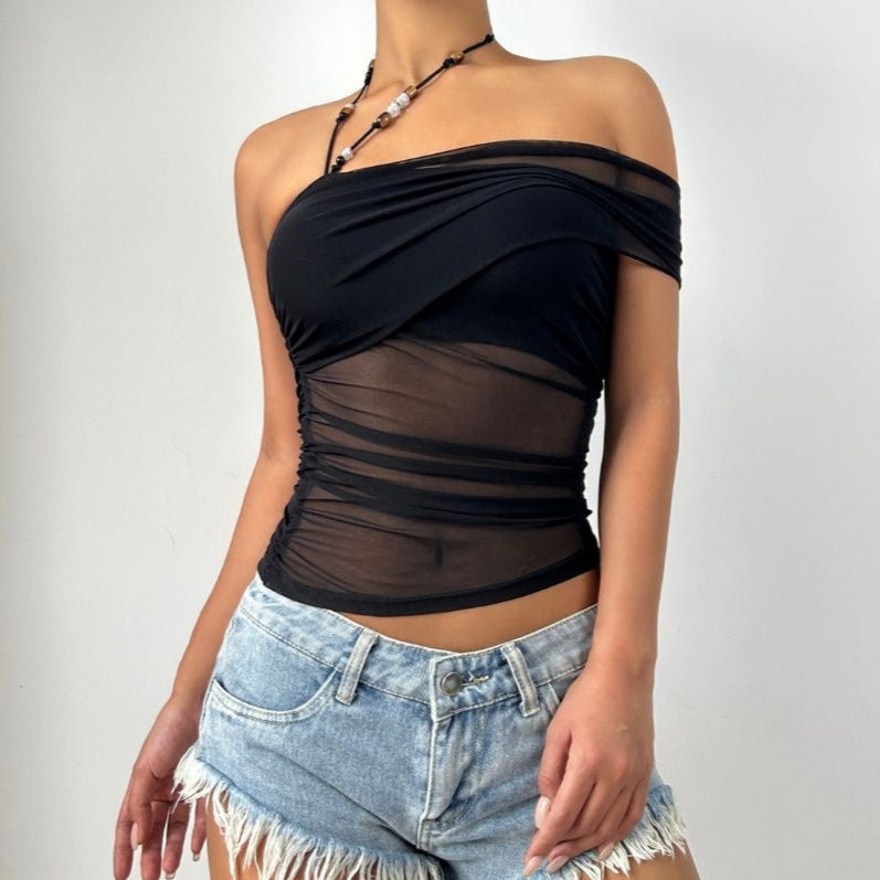 Irregular halter beaded mesh top