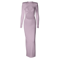 Long sleeve crewneck padded hollow out slit cut out maxi dress