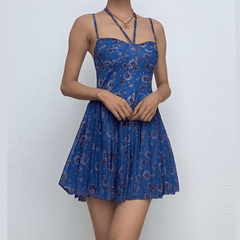 Halter sweetheart neck flower print mesh cami mini dress-final-sale