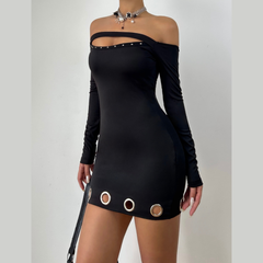 Off shoulder long sleeve hollow out cut out mini dress