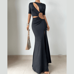 Crewneck hollow out slit long sleeve cut out maxi dress