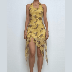Halter butterfly print ruffle irregular midi dress