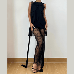 Crewneck lace hem mesh self tie solid top