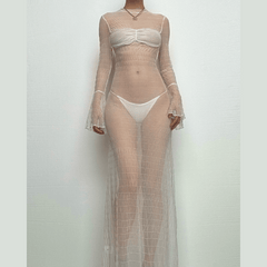 Long flared sleeve textured see through maxi dress