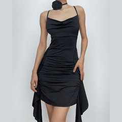 Cowl neck flower applique ruched backless solid mini dress-final-sale