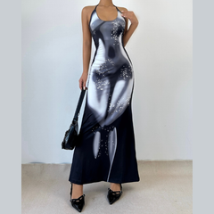 Halter self tie u neck body print o ring maxi dress