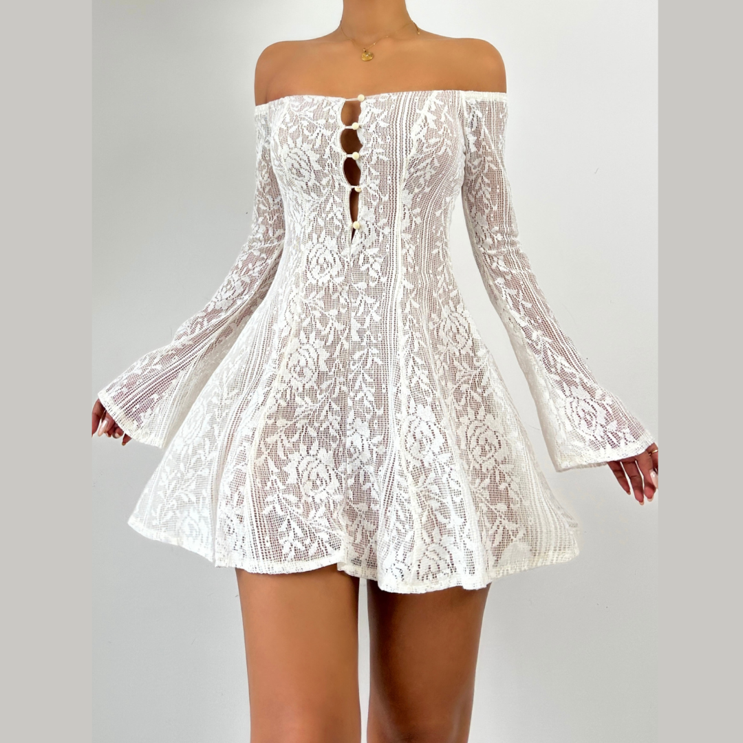 Off shoulder button hollow out cut out mini dress