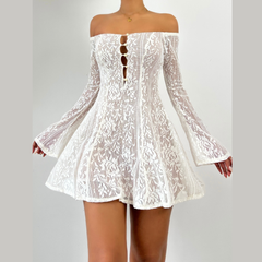 Off shoulder button hollow out cut out mini dress