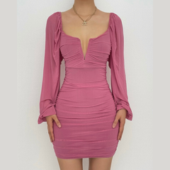 Mesh solid long sleeve ruched notch neck zip-up mini dress-final-sale