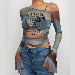 Sheer mesh see through off shoulder flared sleeve irregular contrast crop top