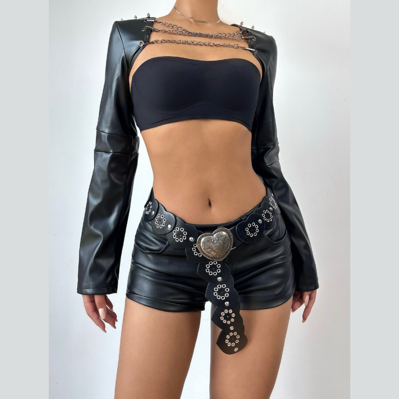 Long sleeve PU leather metal chain shrug top
