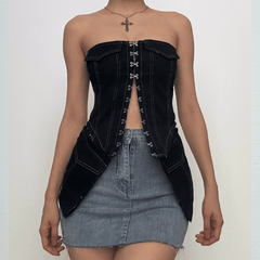Stitch pocket button contrast backless denim tube top