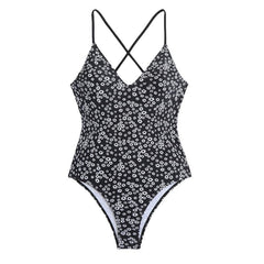 Cross back v neck self tie print one piece swimwear