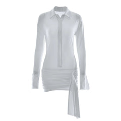 Turnover collar long sleeve button ruched mini dress-final-sale