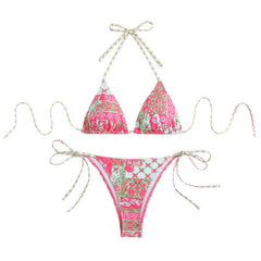 Halter self tie print v neck bikini swimwear