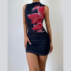 Sleeveless ruched mesh print mini dress