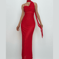 Halter mesh slit backless maxi dress-final-sale