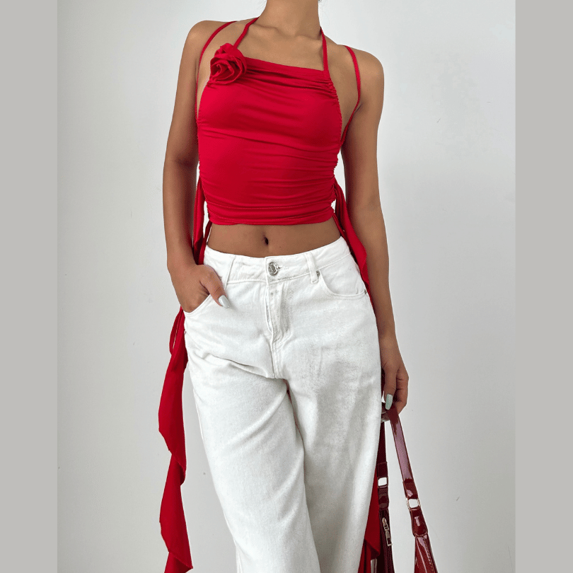 Halter ruched flower applique ruffle solid cross back crop top