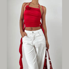 Halter ruched flower applique ruffle solid cross back crop top