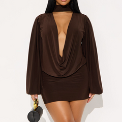V neck long sleeve ruched mini skirt set