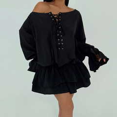 Long flared sleeve off shoulder lace up mini dress