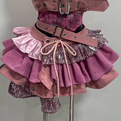 Glitter buckle patchwork ruffle mini skirt set