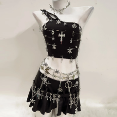 One shoulder cross applique backless top