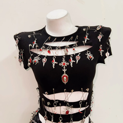 Crewneck short sleeve hollow out metal applique cut out top