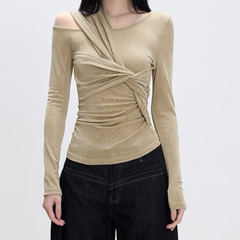 Long sleeve ruched hollow out cut out top