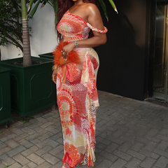 Off shoulder contrast print ruffle maxi dress