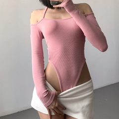 Off shoulder halter solid bodysuit