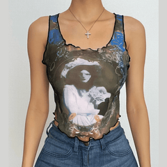Sheer mesh u neck see through print sleeveless ruffle crop top-final-sale